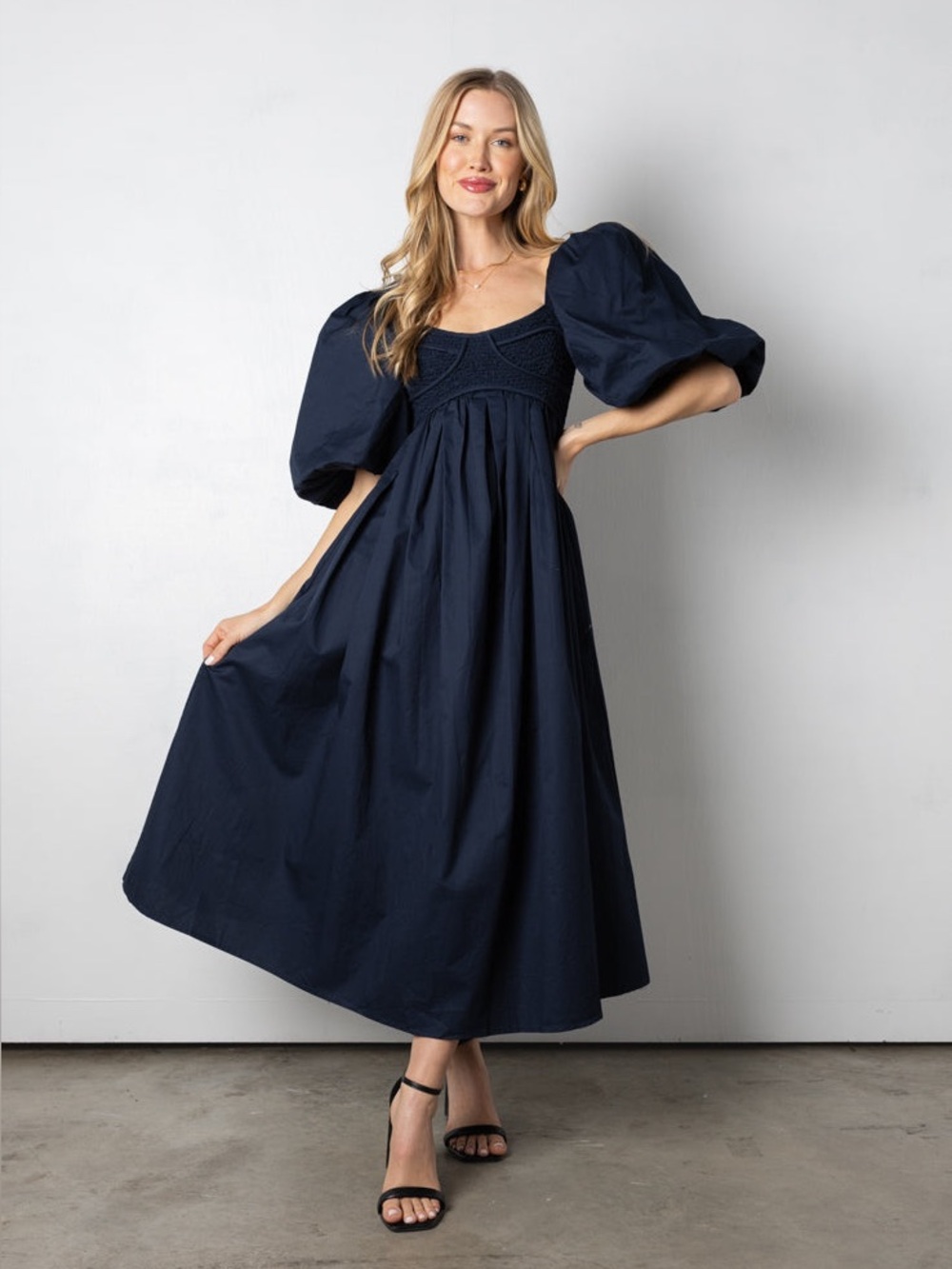 NWT! Vestique Cecilia Navy Balloon Sleeve Midi Dress Size Small